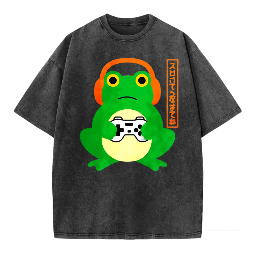 Japanese Graphic Gamer Frog Acid Washed T-Shirt