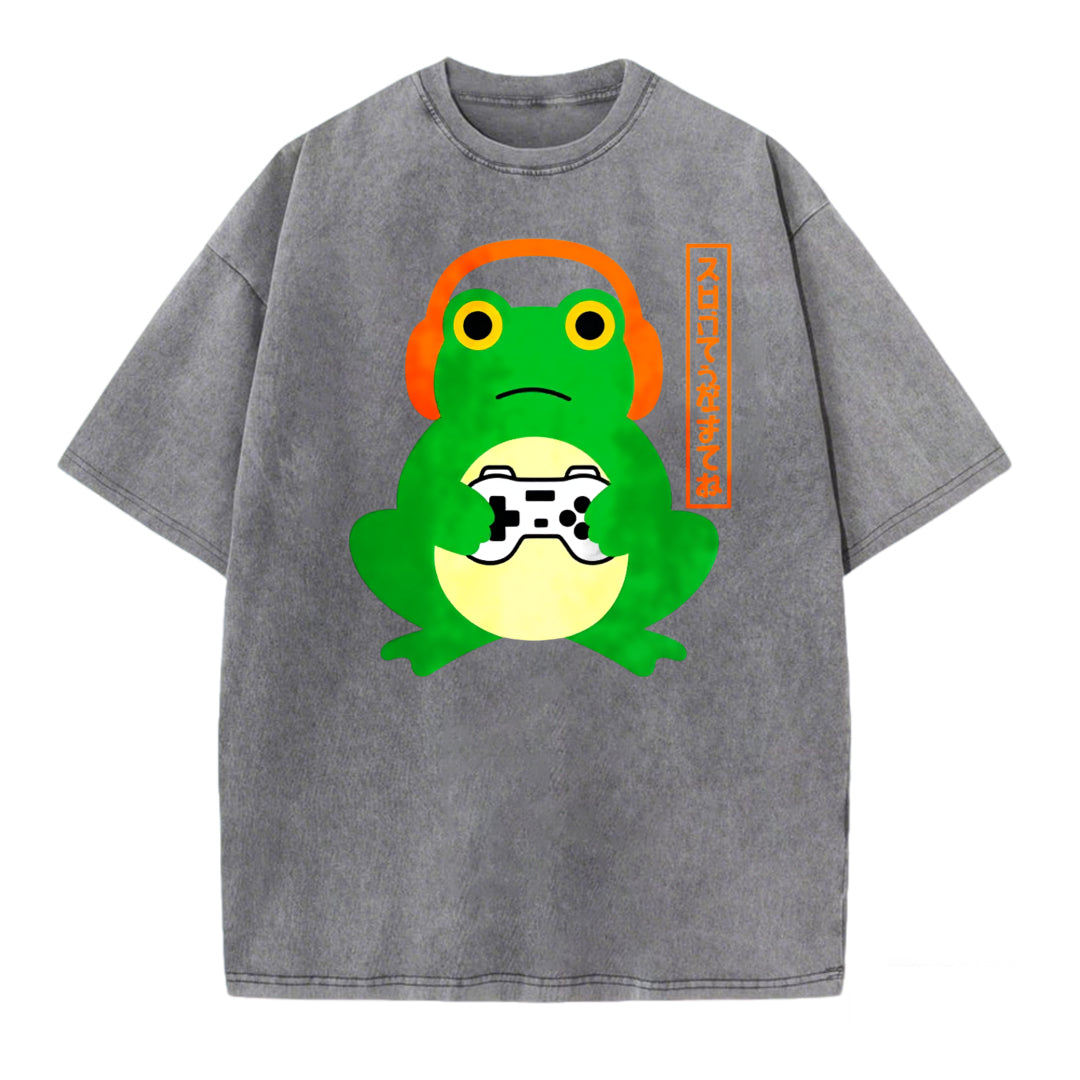 Japanese Graphic Gamer Frog Acid Washed T-Shirt